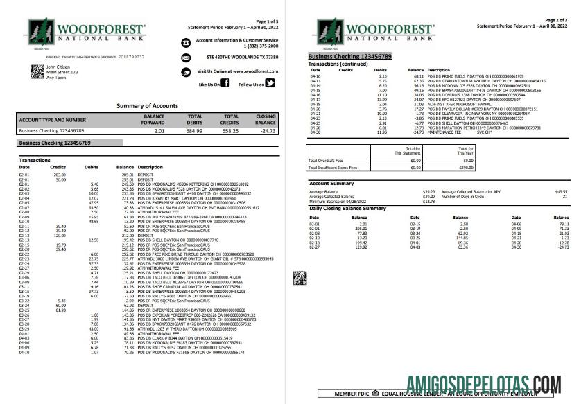 Exemplo de 3 páginas do Woodforest dos EUA